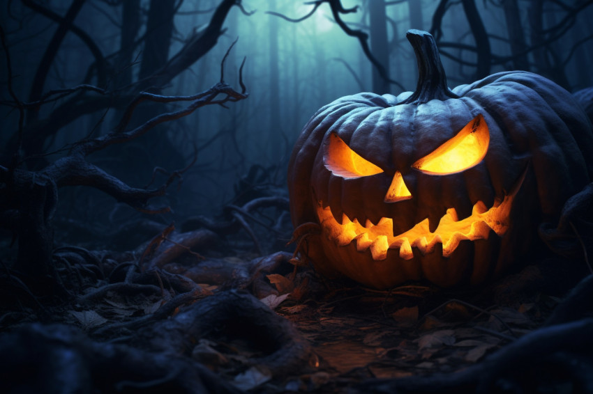 A photo of a Halloween pumpkin in a dark forest, with a graveyar