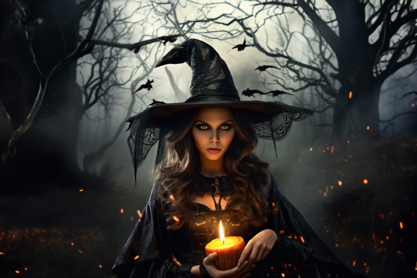 A picture of a young woman dressed as a witch for Halloween, hol