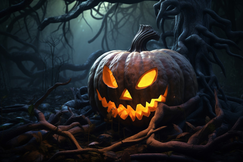 A photo of a Halloween pumpkin in a dark forest, with a graveyar