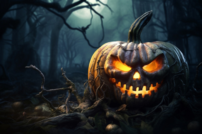 A photo of a Halloween pumpkin in a dark forest, with a graveyar