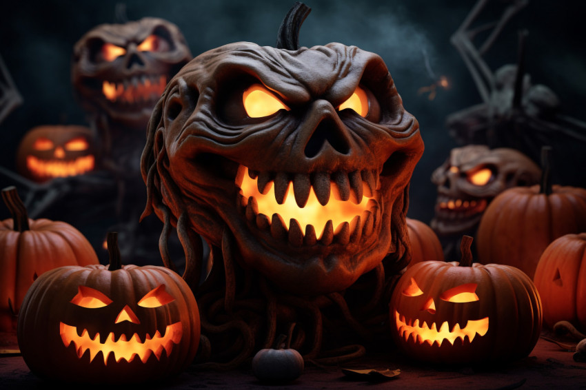 A picture of a group of pumpkins with a Halloween background