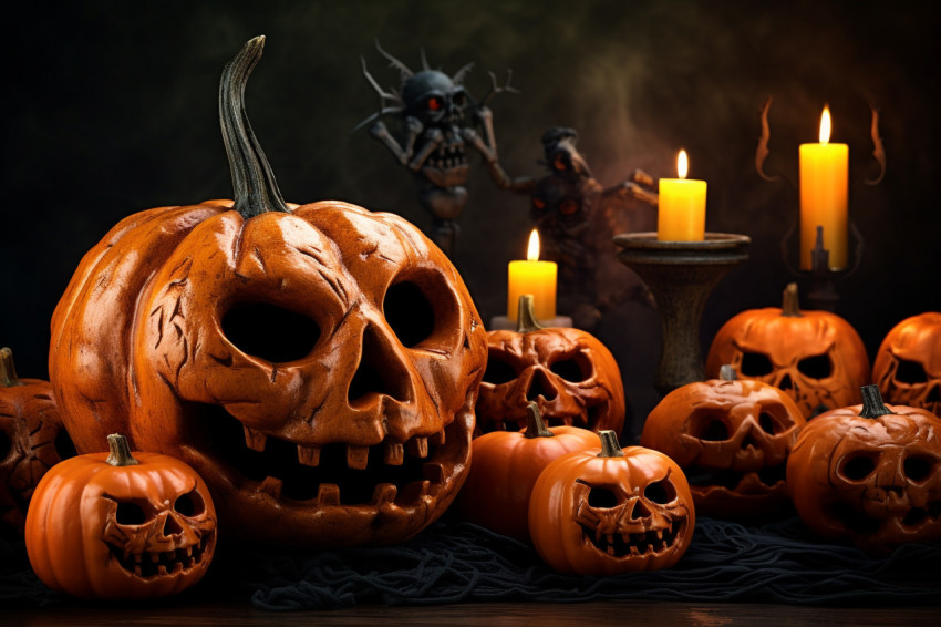 A picture of a group of pumpkins with a Halloween background