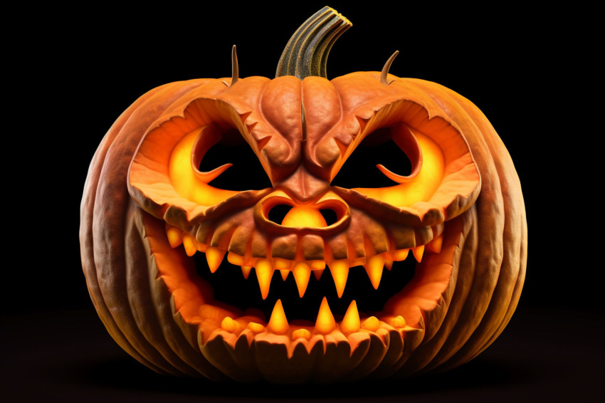 A picture of a glowing Halloween pumpkin on a white background