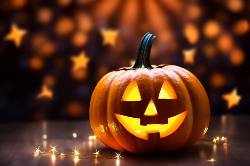 A photo of a Halloween pumpkin with lights and a sparkly backgro