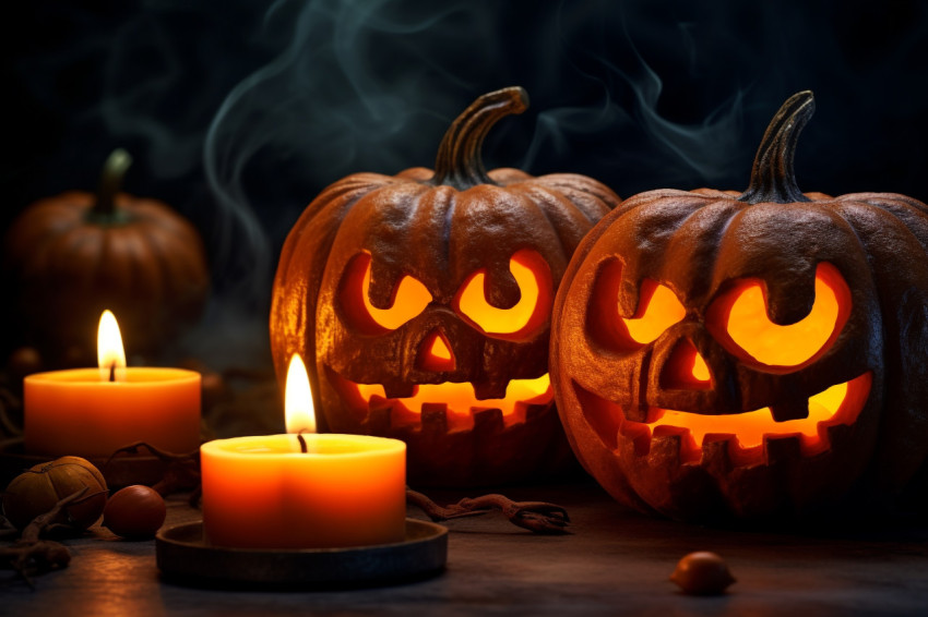 A picture of a pumpkin with a candle inside at Halloween