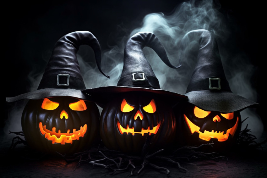 A photo of three scary Halloween pumpkins glowing in the dark fo