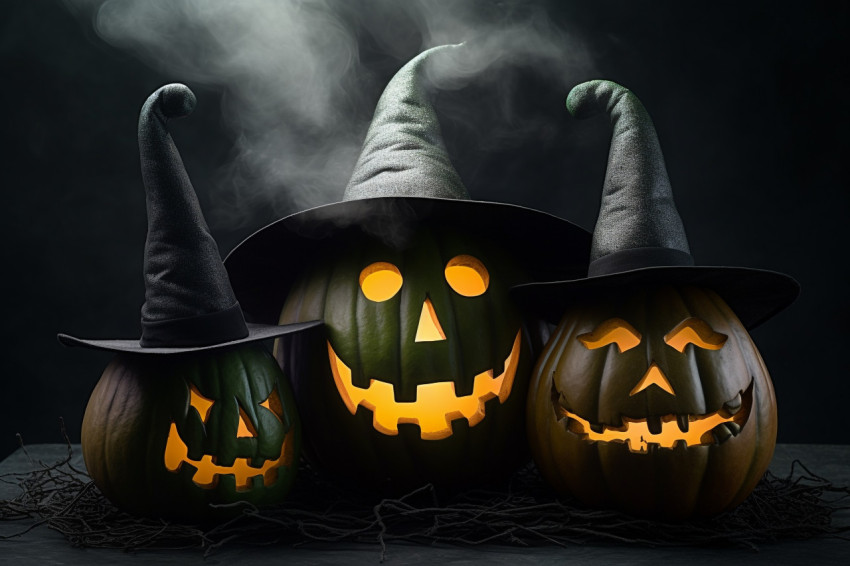 A photo of three scary Halloween pumpkins glowing in the dark fo