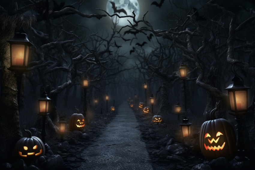 A picture of a Halloween background with lanterns in a dark fore