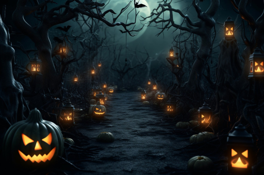 A picture of a Halloween background with lanterns in a dark fore