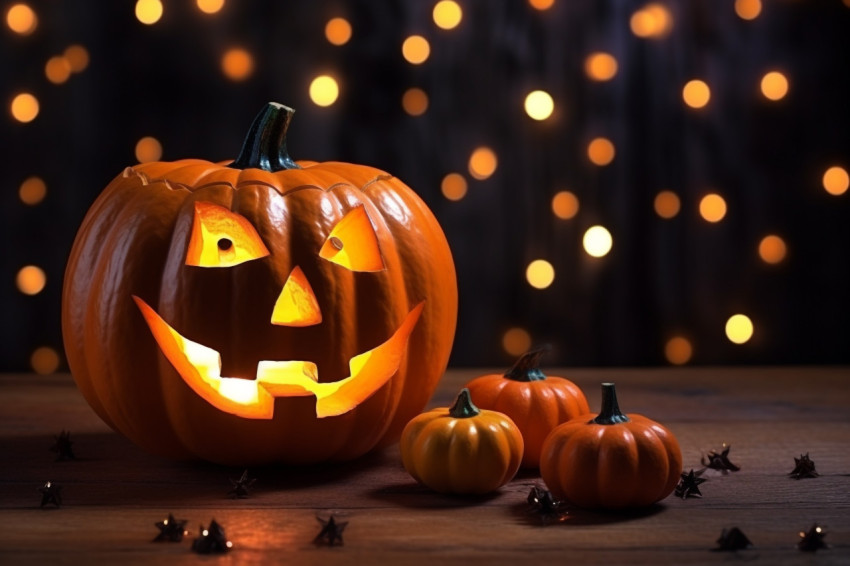 A Halloween picture of a pumpkin decorated with glitter on a woo