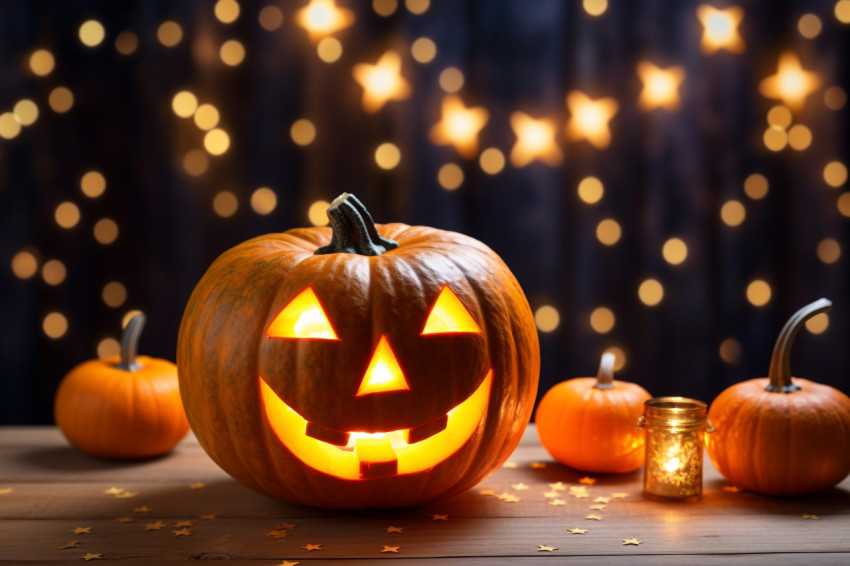 A Halloween picture of a pumpkin decorated with glitter on a woo