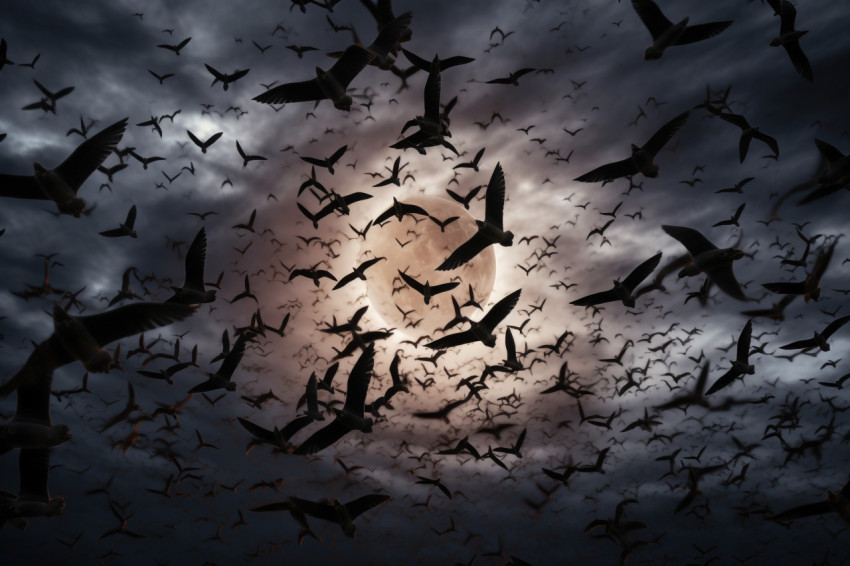 A picture of the moon rising in a dark and mysterious sky. Crows