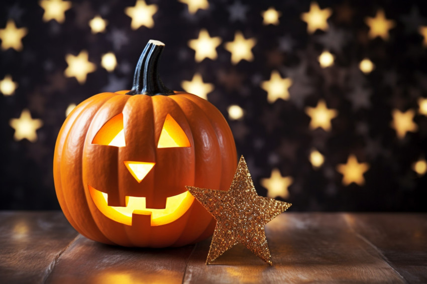 A Halloween picture of a pumpkin decorated with glitter on a woo