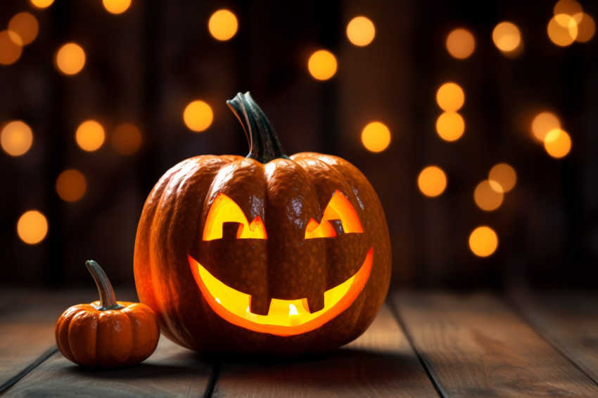 A Halloween picture of a pumpkin decorated with glitter on a woo