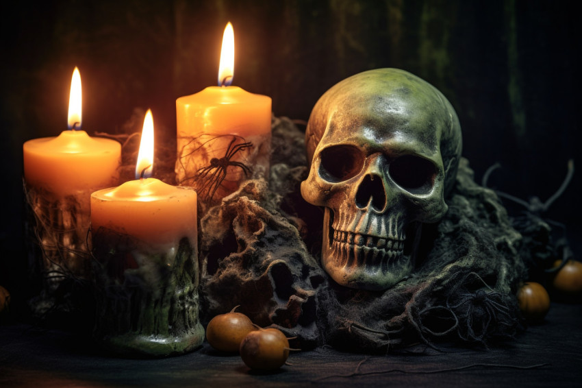 A picture of a magical, Halloween background with a skull, a can