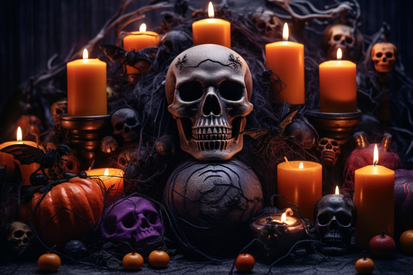 A picture of a magical, Halloween background with a skull, a can