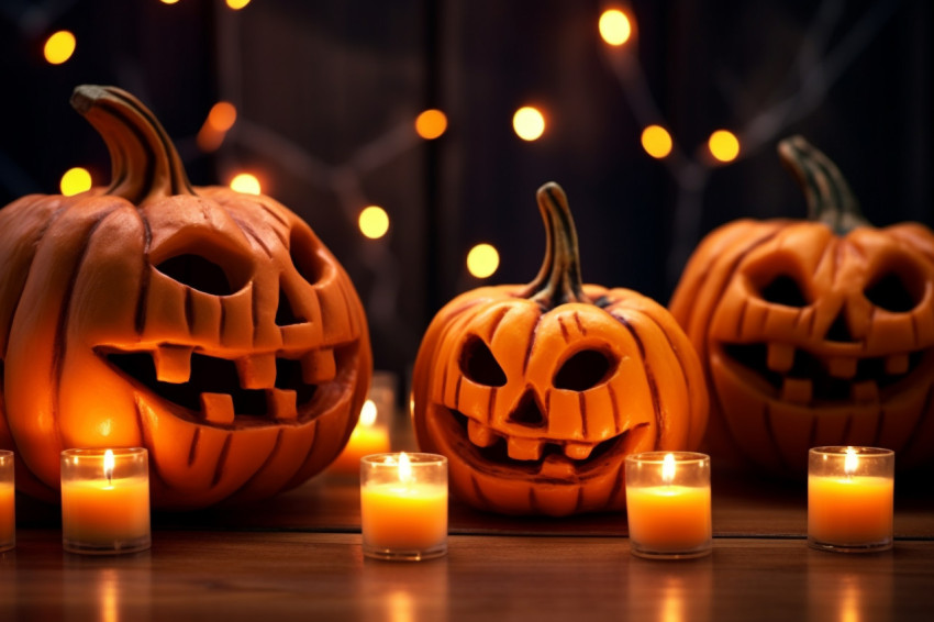 A photo of a Halloween pumpkin with candles and lights on a wood