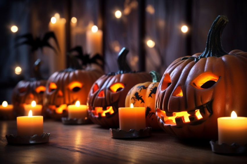 A photo of a Halloween pumpkin with candles and lights on a wood