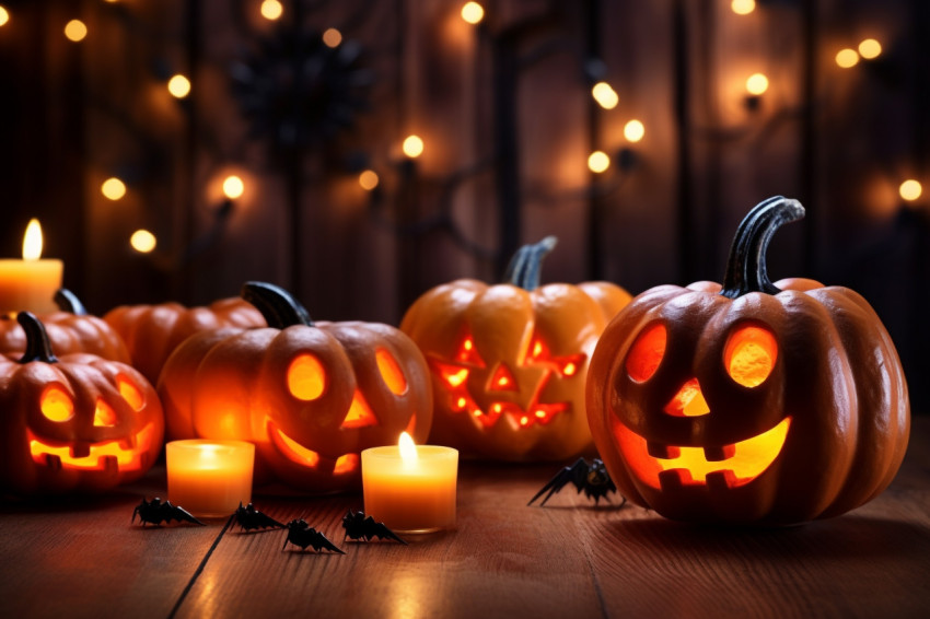 A photo of a Halloween pumpkin with candles and lights on a wood