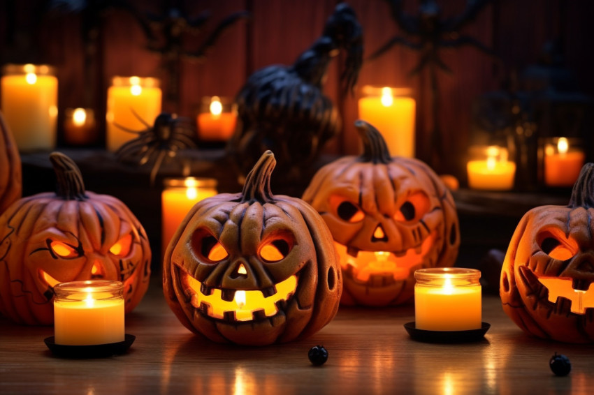 A photo of a Halloween pumpkin with candles and lights on a wood