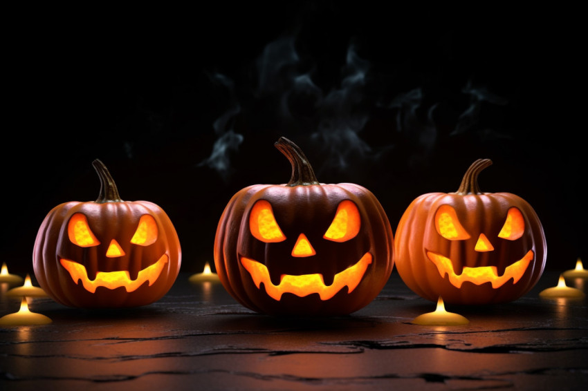 A picture of pumpkins floating in the air on a black background