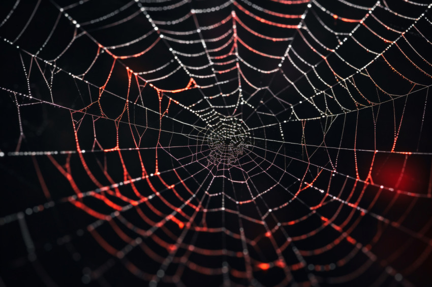 A real spiderweb on a black background, taken on Halloween