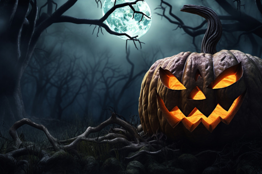 A picture of a scary pumpkin in a dark forest with the moon in t