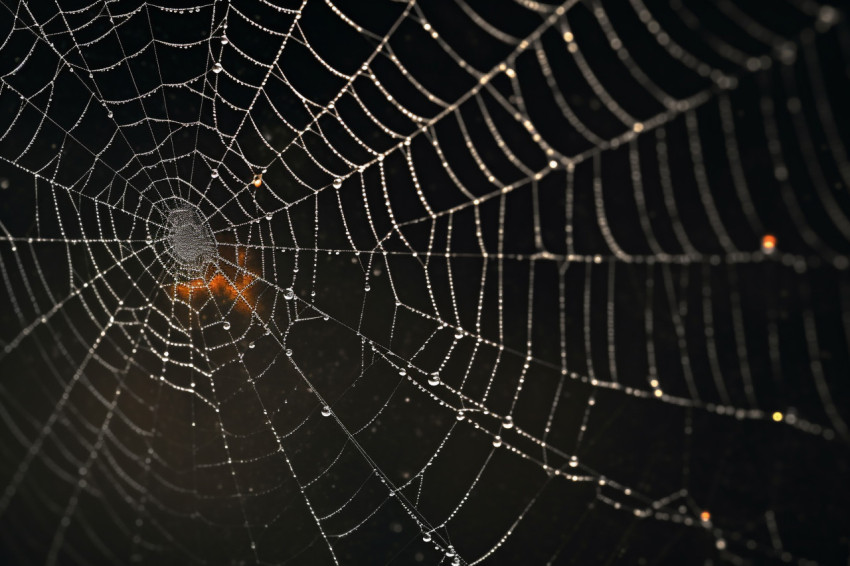 A real spiderweb on a black background, taken on Halloween