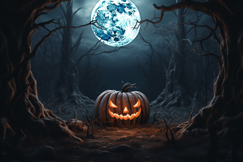 A picture of a scary pumpkin in a dark forest with the moon in t