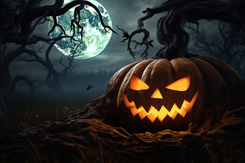 A picture of a scary pumpkin in a dark forest with the moon in t