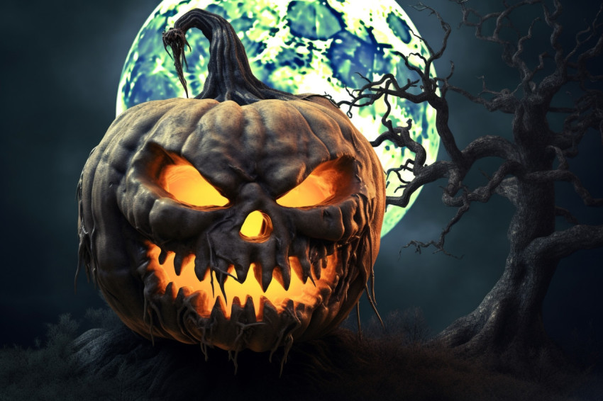 A picture of a scary pumpkin in a dark forest with the moon in t