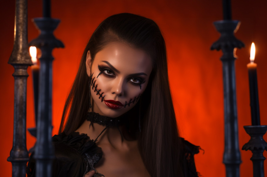 A photo of a woman dressed as a vampire for Halloween. She is we