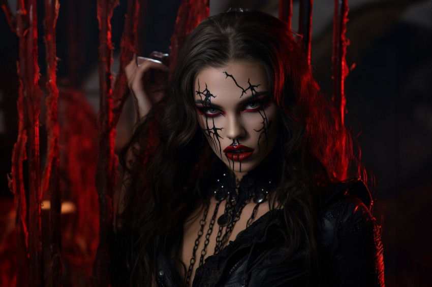 A photo of a woman dressed as a vampire for Halloween. She is we