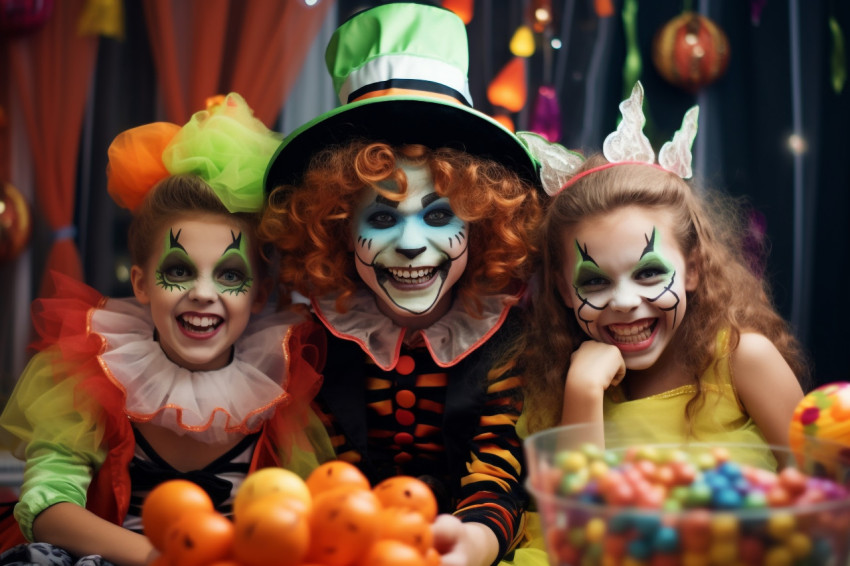 A photo of a happy brother and two sisters in funny Halloween co