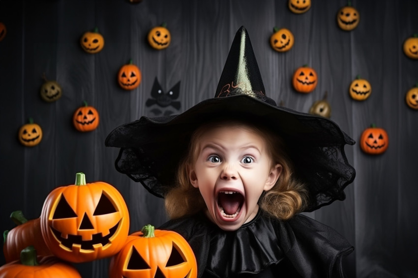 A picture of a funny little girl in a witch costume for Hallowee