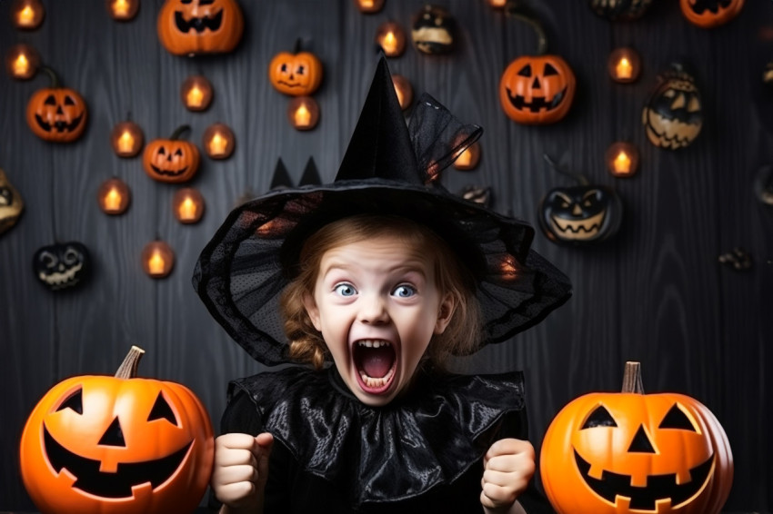 A picture of a funny little girl in a witch costume for Hallowee