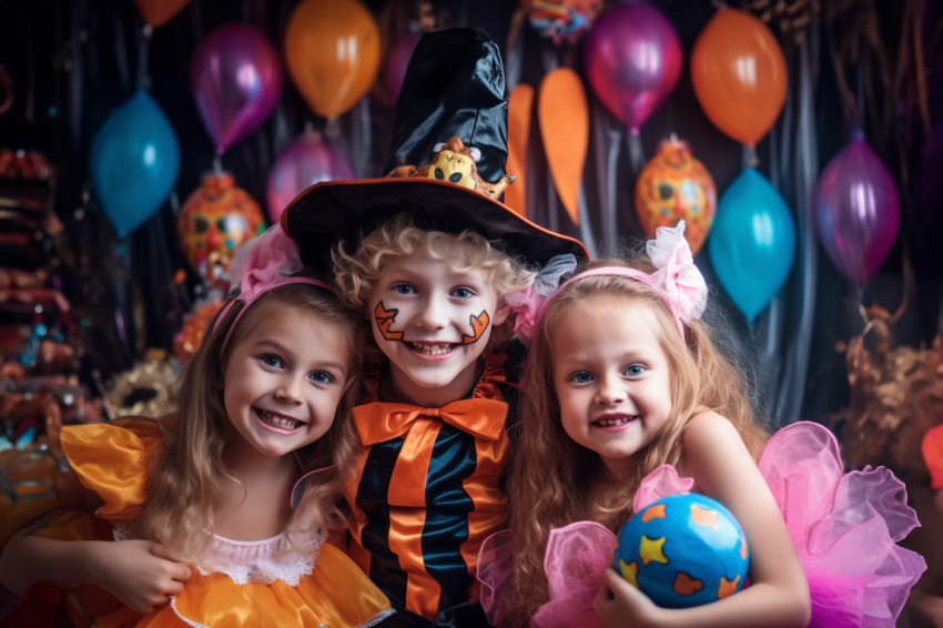 A photo of a happy brother and two sisters in funny Halloween co