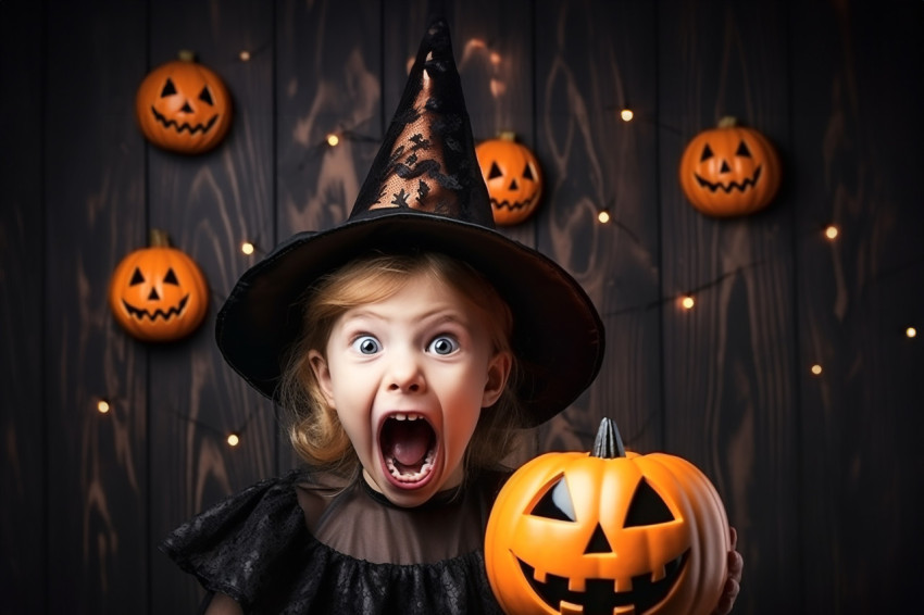 A picture of a funny little girl in a witch costume for Hallowee