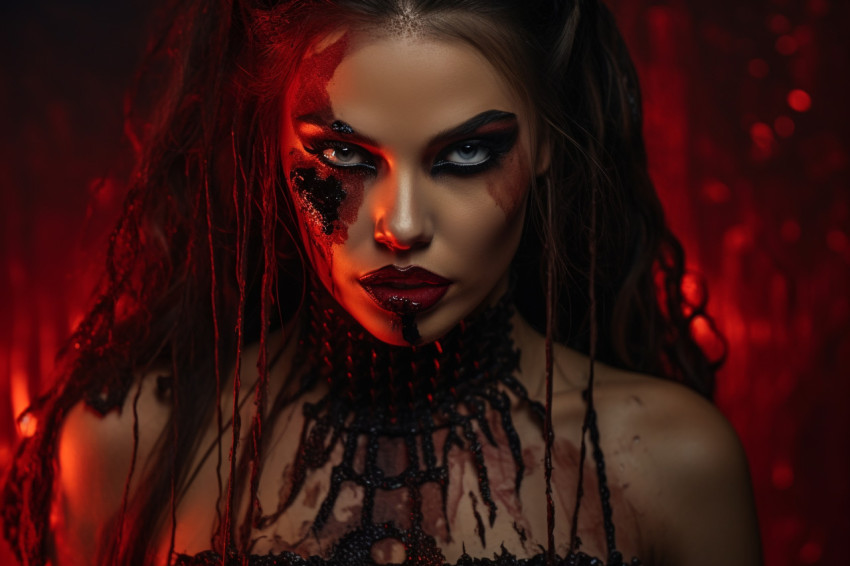 A photo of a woman dressed as a vampire for Halloween. She is we