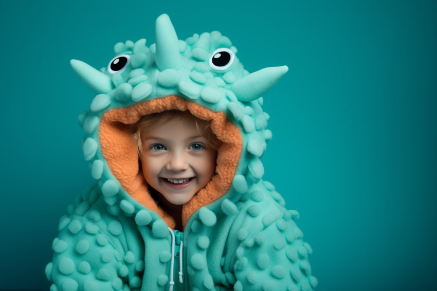 Picture of a little girl dressed as a pumpkin with a blue backgr Picture of a little girl dressed as a pumpkin with a blue backgr
