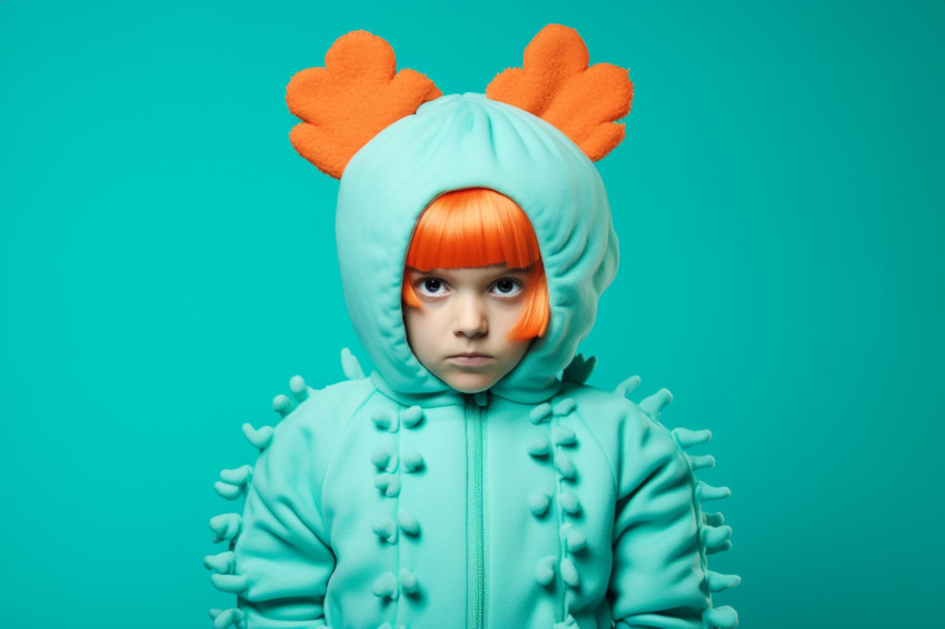Picture of a little girl dressed as a pumpkin with a blue backgr Picture of a little girl dressed as a pumpkin with a blue backgr