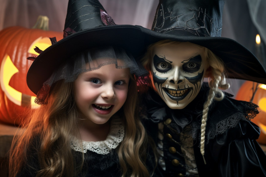 A picture of happy children dressed as a witch and a vampire in