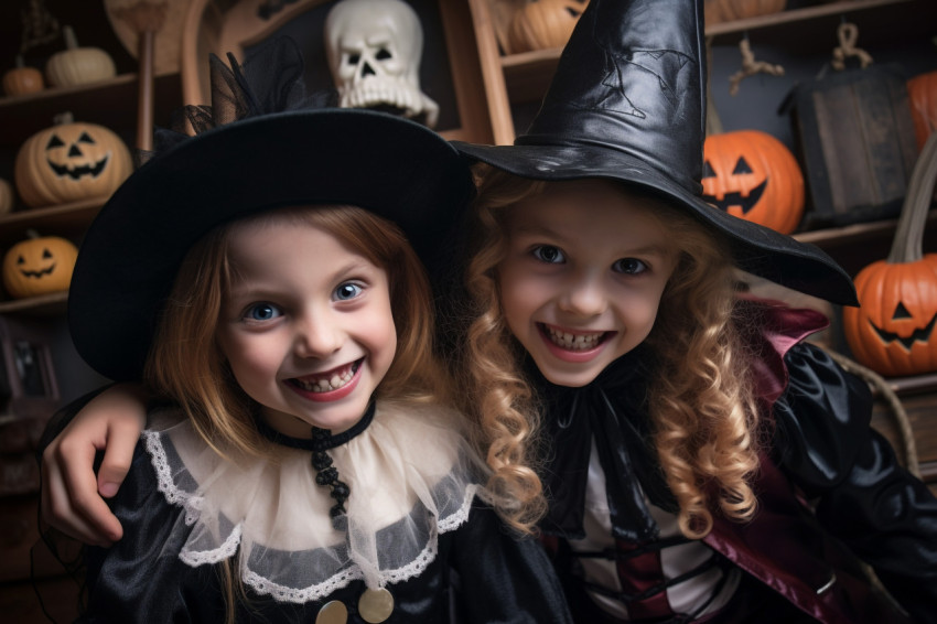 A picture of happy children dressed as a witch and a vampire in