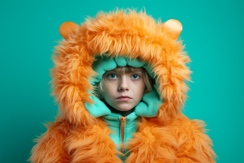 Picture of a little girl dressed as a pumpkin with a blue backgr Picture of a little girl dressed as a pumpkin with a blue backgr