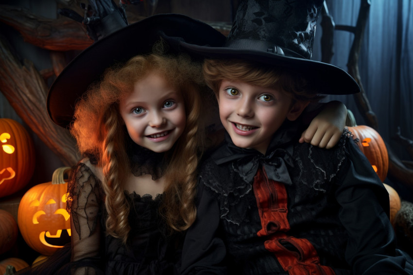 A picture of happy children dressed as a witch and a vampire in