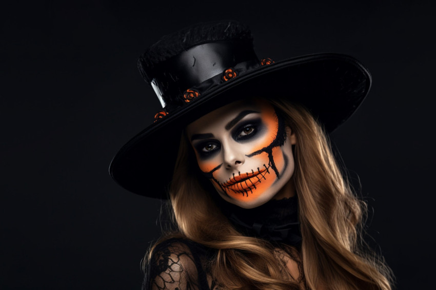 Picture of a pretty model with Halloween makeup on a black backg