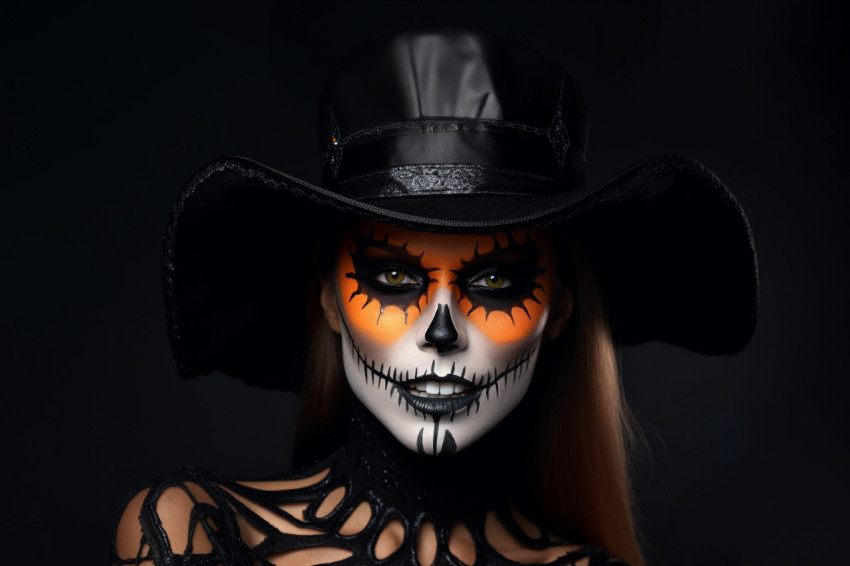 Picture of a pretty model with Halloween makeup on a black backg