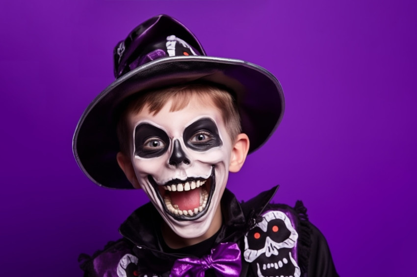 A photo of a happy boy in a skeleton costume celebrating Hallowe