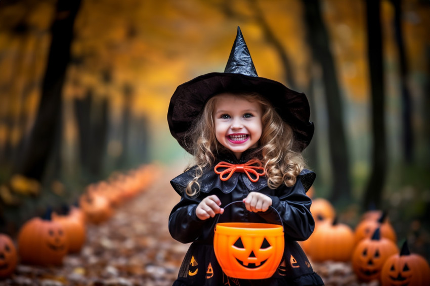 A photo of a young girl dressed as a witch playing in a park in