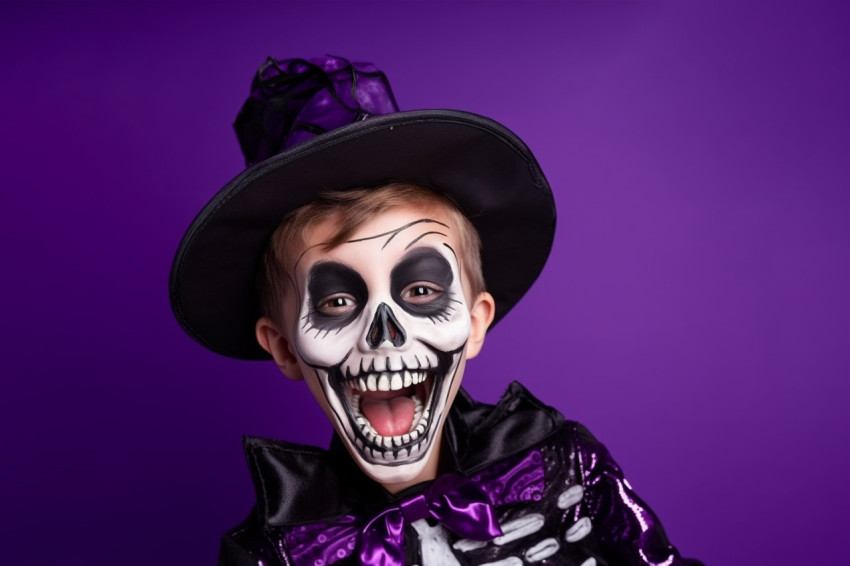 A photo of a happy boy in a skeleton costume celebrating Hallowe